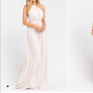 Show Me Your Mumu Amanda Maxi Bridesmaid Dress in color Show Me the Ring Crisp